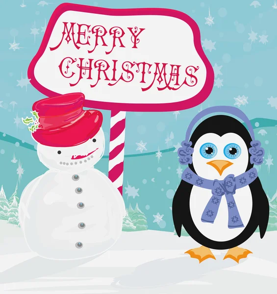 Cartão de Natal com pinguim e boneco de neve — Vetor de Stock
