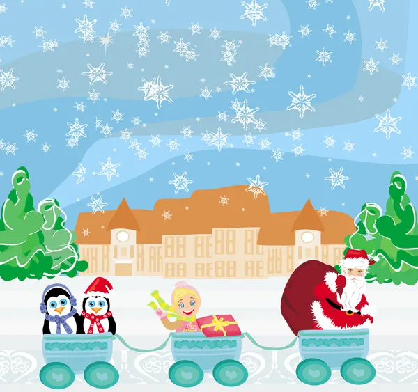 Santa Christmas Train - baby, gifts and penguins — Stock Vector