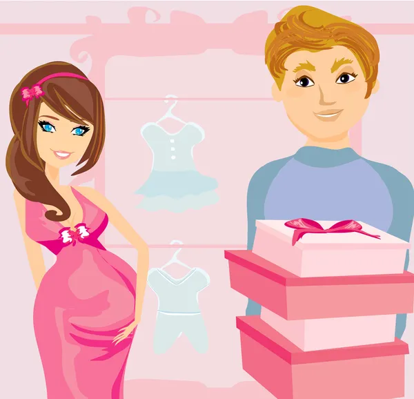 Belle femme enceinte et son mari heureux sur le shopping — Image vectorielle