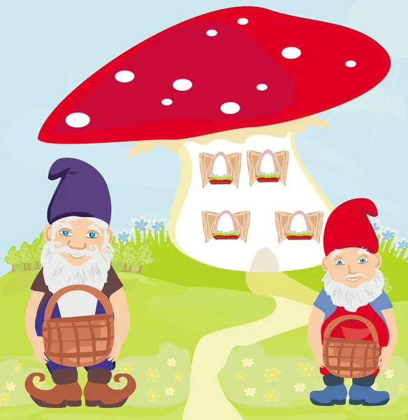 Funny cartoon mushroom house and two funny gnomes — Stock Illustration Funny cartoon mushroom house and two funny gnomes Royalty Free Stock Vectors