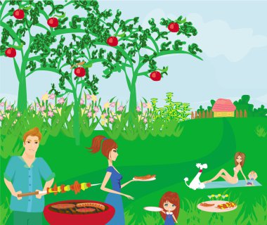 Piknik yapan bir ailenin vektör çizimi