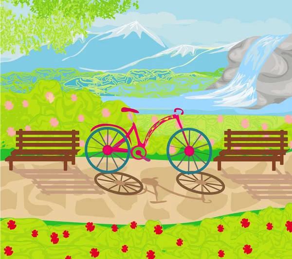 Bicycle stands in the park between the benches — Stock Vector