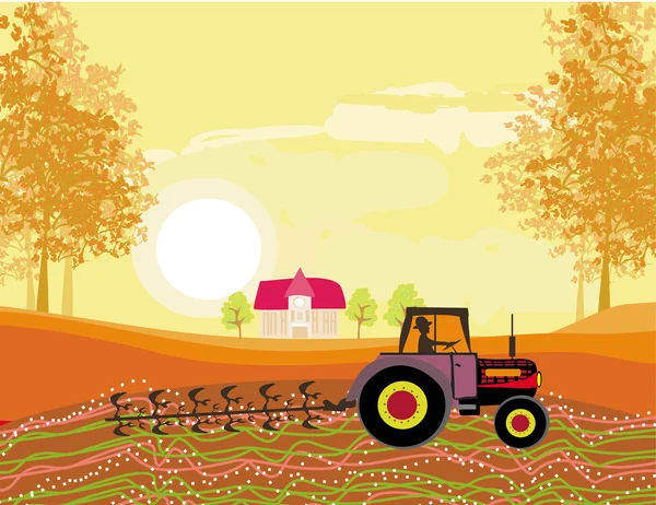 Campo de arado del tractor en otoño — Vector de stock