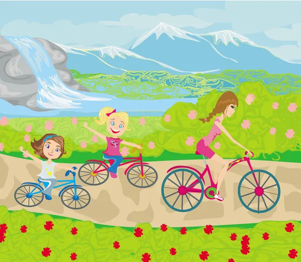 Mother and daughters biking in the park — Stock Vector