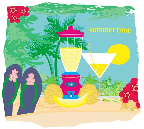 Vetor de fundo de verão com palmeiras e bebida frutada — Vetor de Stock