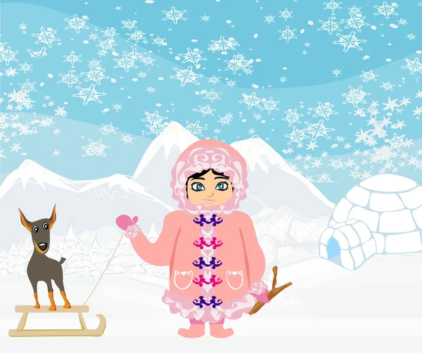 Little Eskimo girl and her dog — Stock Vector