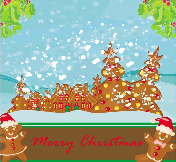 Christmas card with a ginger-bread and funny landscape — Stock Vector