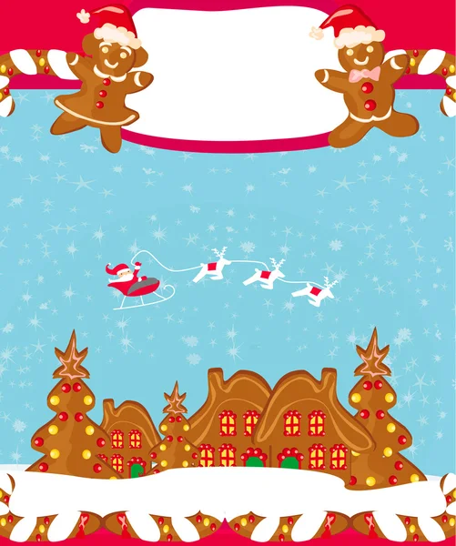 Tarjeta de Navidad con un pan de jengibre y Santa Claus volando sobre c — Vector de stock