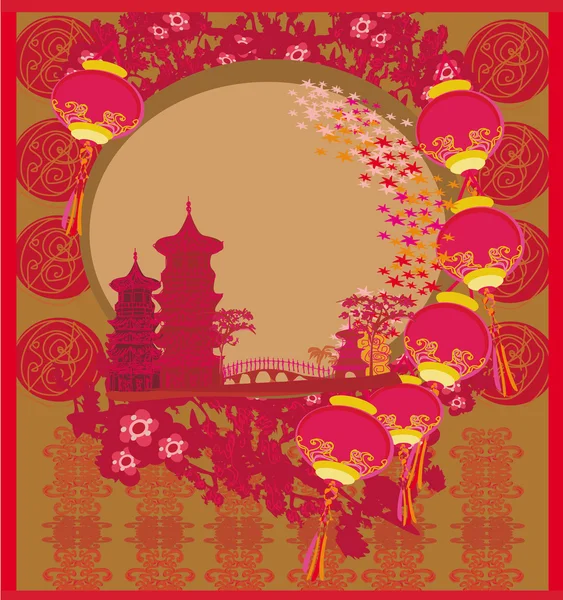 Chińska karta noworoczna - tradycyjne lampiony i azjatyckie budynki — Wektor stockowy