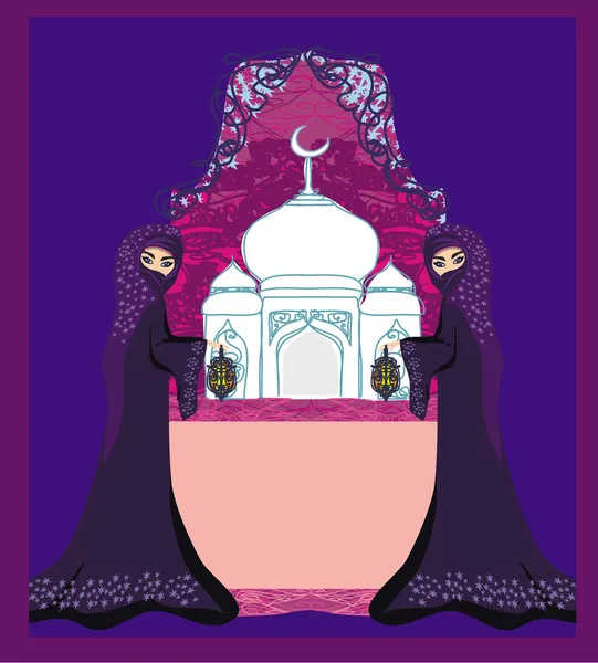 Beautiful muslim women on mosque background. — Stock Vector