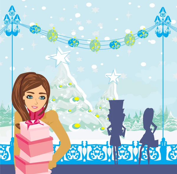 Mooie meisjes op de winter winkelen — Stockvector