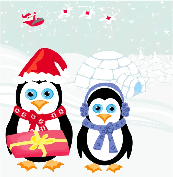 Tarjeta de Navidad con pingüinos y santa — Archivo Imágenes Vectoriales