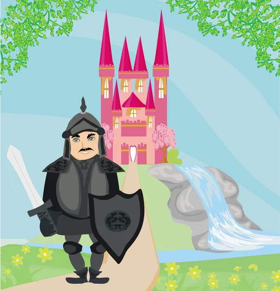 Caballero custodiando la entrada al castillo — Vector de stock