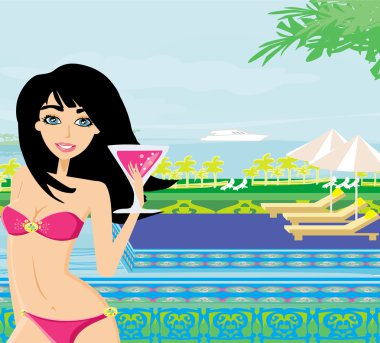 Tropikal bir tatilde bikinili güzel esmer.