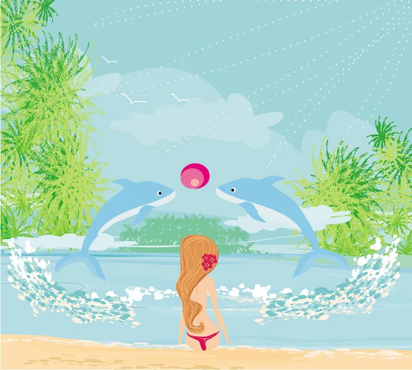 Dolphins playing ball in the sea — Stock Vector