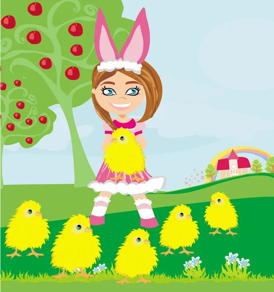 Дівчина в костюмі кролика і солодкі маленькі пташенята — стоковий вектор