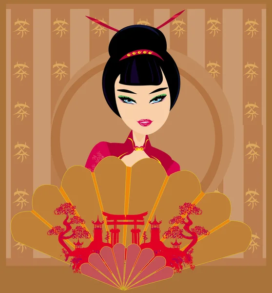 Attractive asian woman holding traditional fan — Stock Vector