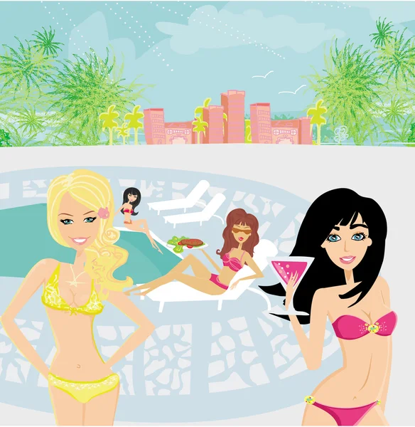 Vector image of girls and tropical pool — Stock Vector