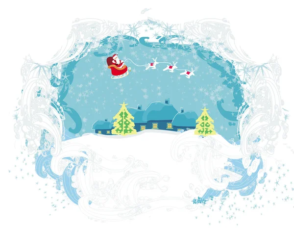 Santa Claus volando sobre la ciudad - Tarjeta de Navidad abstracta — Vector de stock