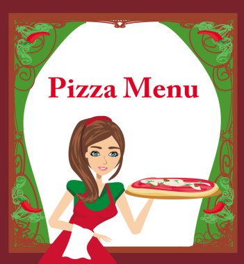 Gülümseyen garson pizza servisi, menü kartı