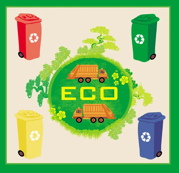 Daur ulang berwarna sampah konsep ekologi dengan lanskap dan sampah - Stok Vektor
