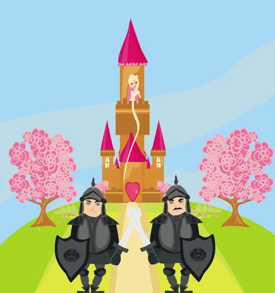 Caballeros vigilan la entrada al castillo — Vector de stock