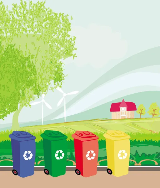 Coloridos contenedores de reciclaje concepto de ecología con paisaje — Archivo Imágenes Vectoriales