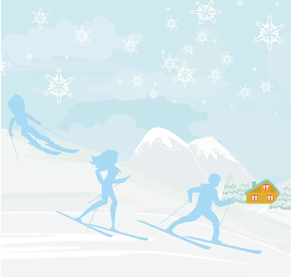 People go skiing in the winter day — Stock Vector