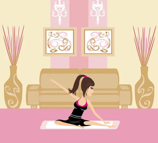 Jeune femme pratiquant le yoga à l'intérieur — Image vectorielle