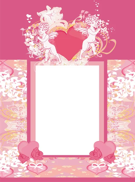 Feliz día de San Valentín tarjeta vintage con cupidos y marco floral — Vector de stock