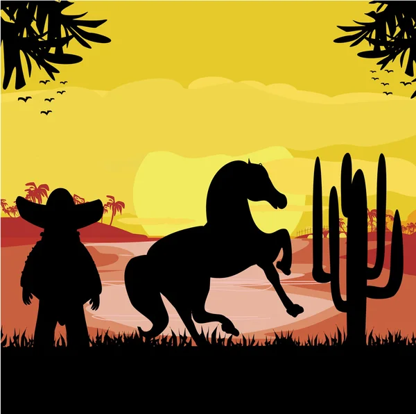 Hombre en un sombrero y su caballo en la puesta del sol del desierto — Vector de stock