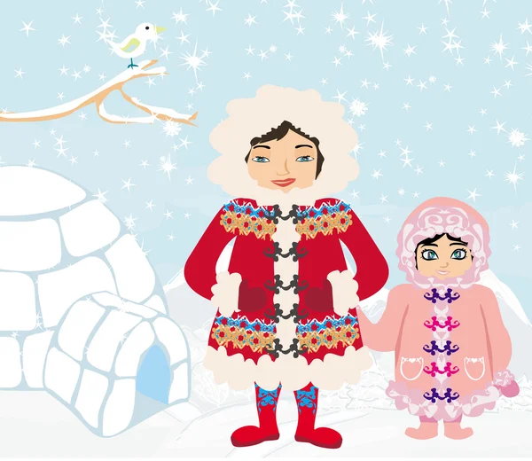 Mãe e filha de pé no iglu — Vetor de Stock