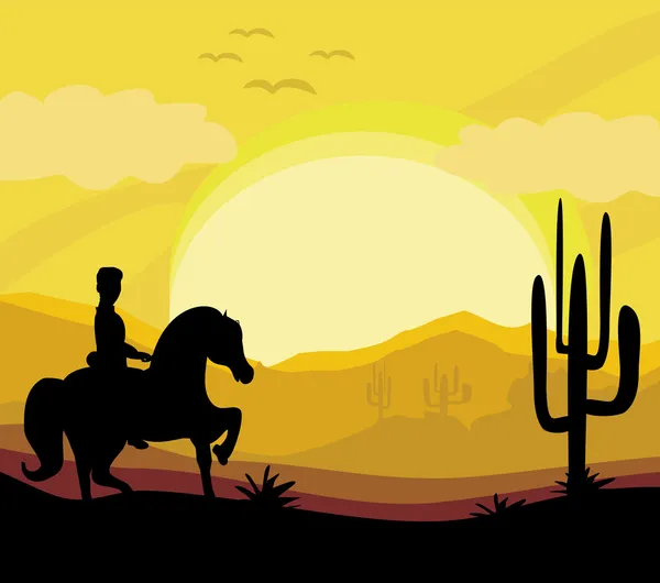 Silueta de un hombre montar a caballo durante la puesta del sol — Vector de stock