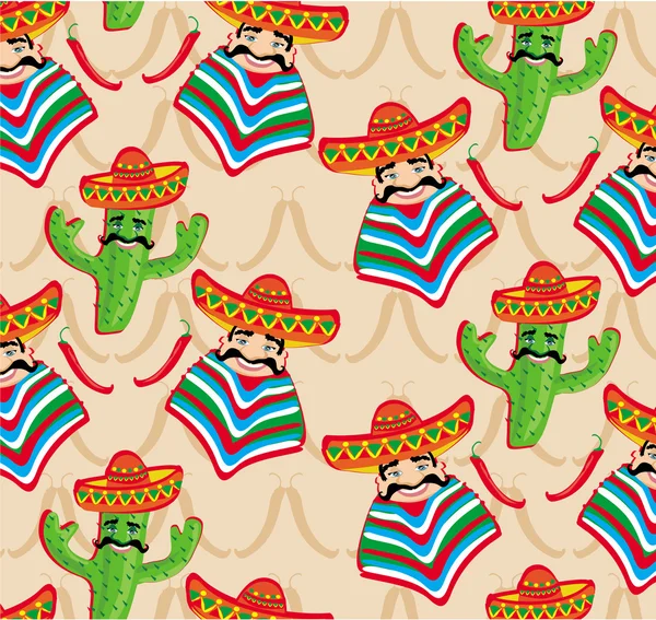 Mexicaanse patroon met cactus, hoed en chill illustratie over bac — Stockvector