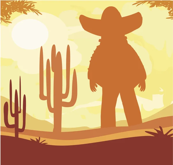 Homem em um sombrero e plantas de cacto no pôr do sol deserto — Vetor de Stock