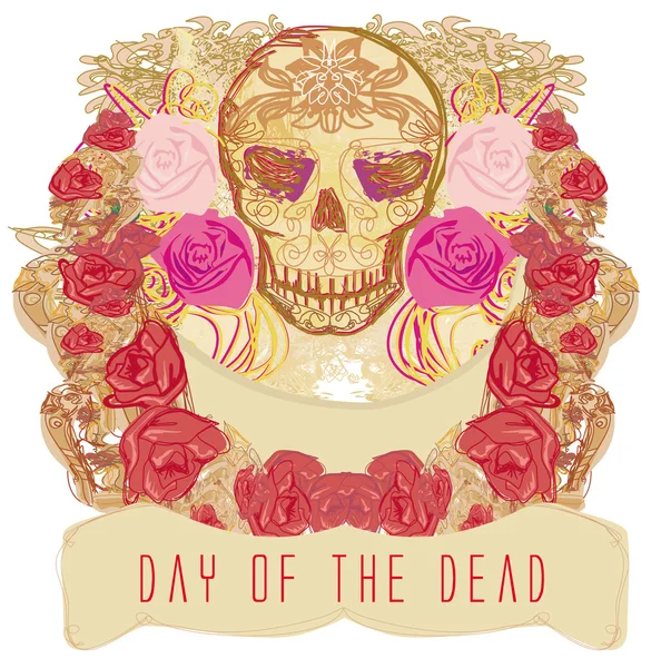 Calavera y flores Día de los Muertos — Vector de stock