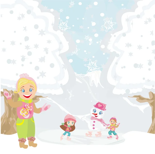 Niñas y muñeco de nieve jugando en un día de invierno — Vector de stock