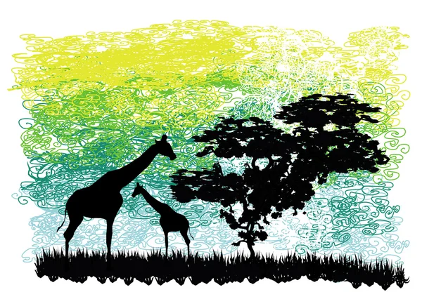 Ilustração abstrata com girafas e uma árvore — Vetor de Stock