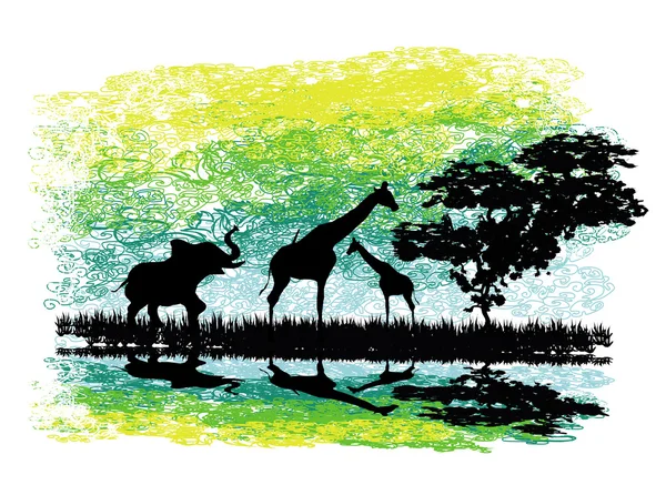 Safari en Afrique silhouette d'animaux sauvages reflet dans l'eau — Image vectorielle