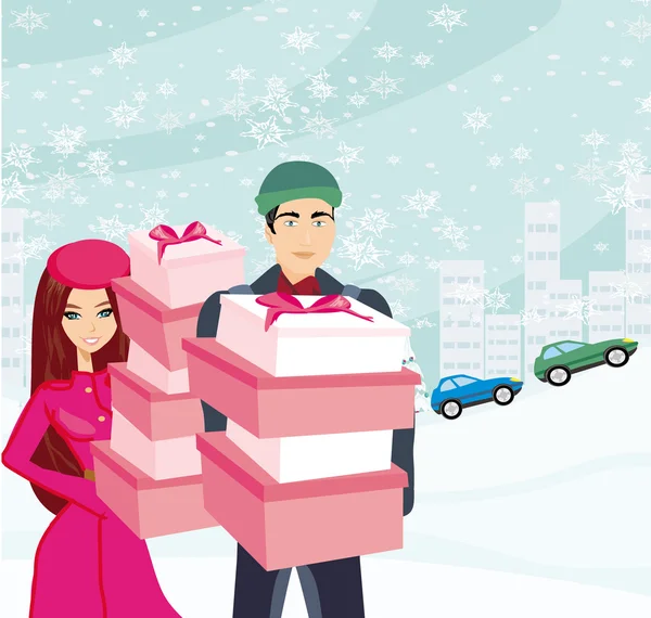 Couple sur Noël shopping — Image vectorielle