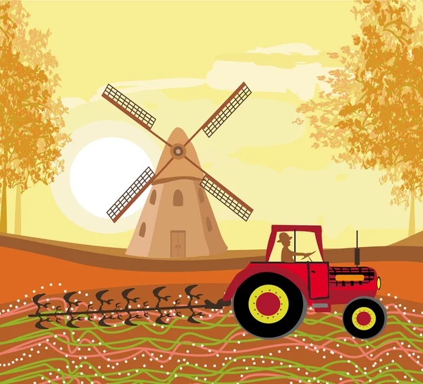 Campo de arado del tractor en otoño — Vector de stock