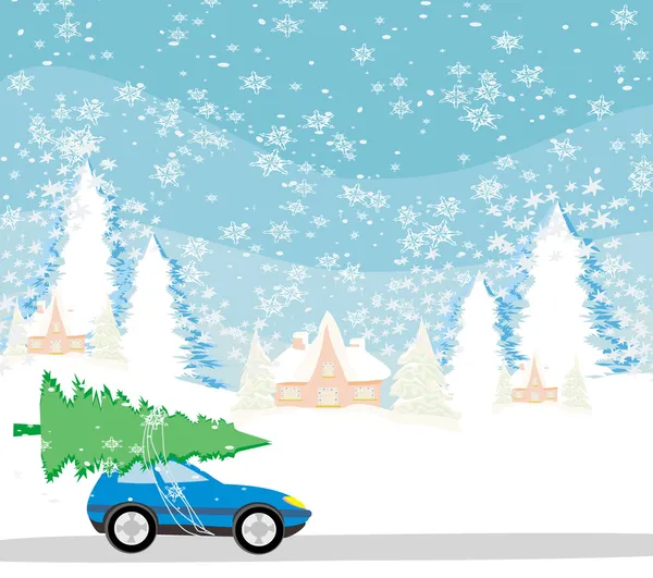 Coche con un árbol de Navidad en el techo — Archivo Imágenes Vectoriales