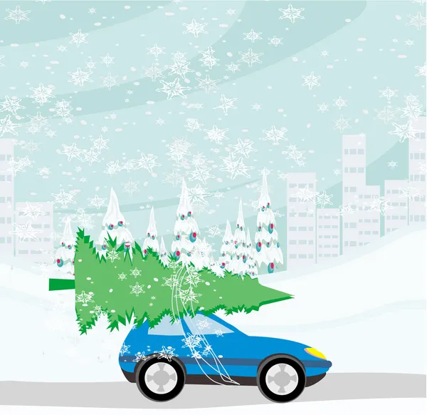 Çatıda Noel ağacı olan bir araba. — Stok Vektör