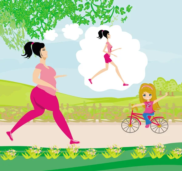 Young woman jogging,fat girl dreams to be a skinny girl — Stock Vector © JackyBrown 28536793