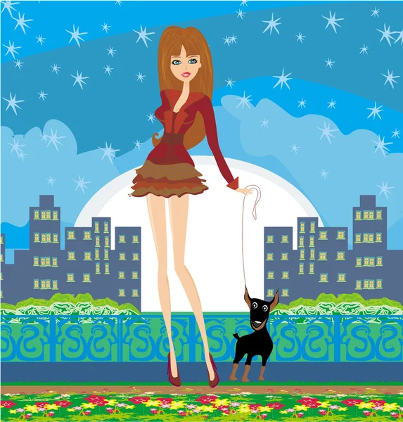 Sexy chica caminando con un perro en la noche — Vector de stock