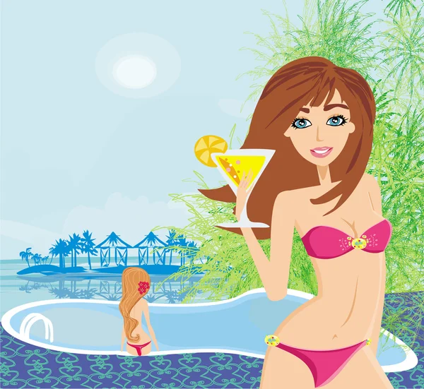 Girls and tropical pool — Stock Vector