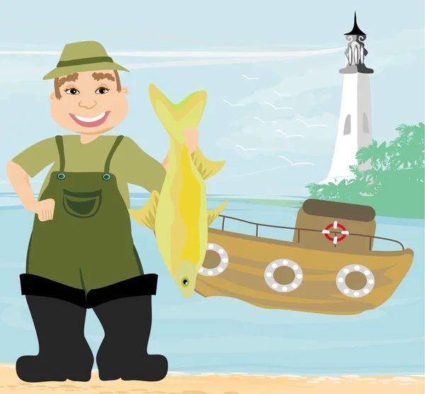 Pescador y barco pesquero — Vector de stock