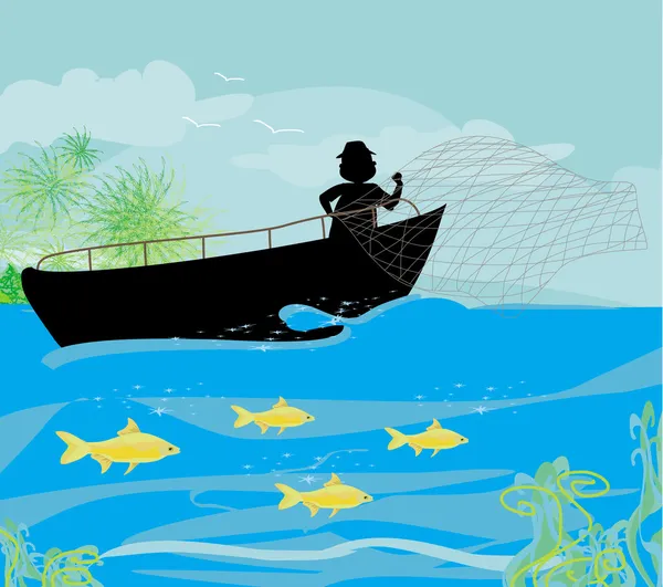 Pescador y barco pesquero — Vector de stock