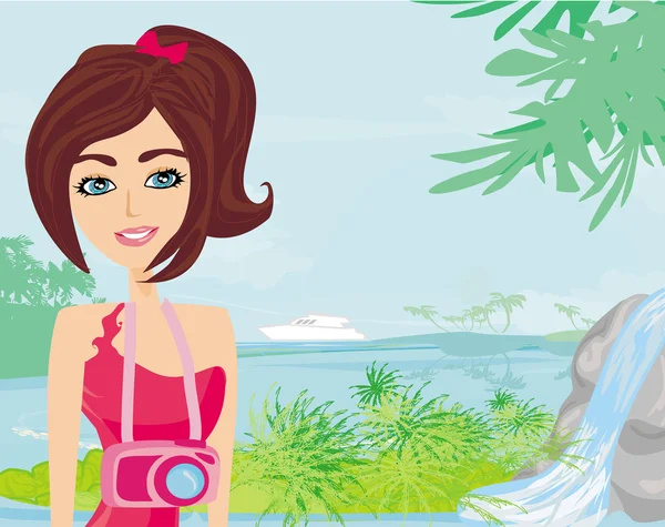 Portrait of a beautiful woman on a tropical beach — Stock Vector