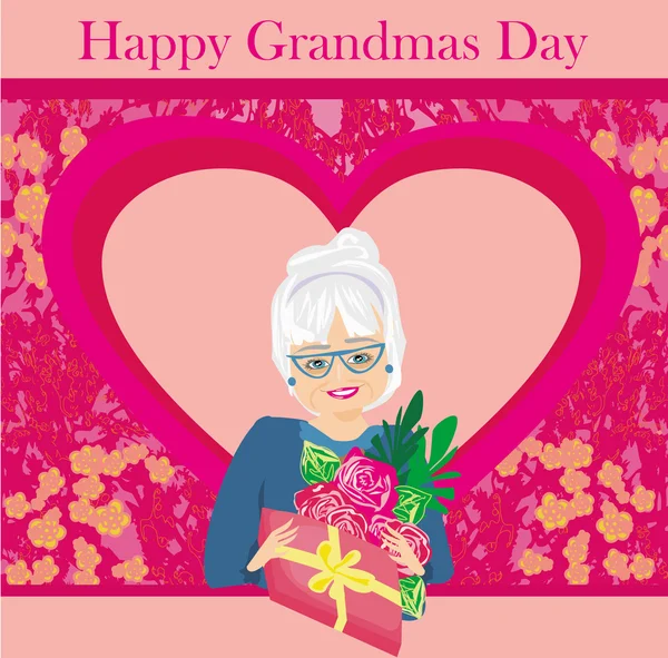 Idős nő egy csokor virággal, boldog nagymama napot — Stock Vector